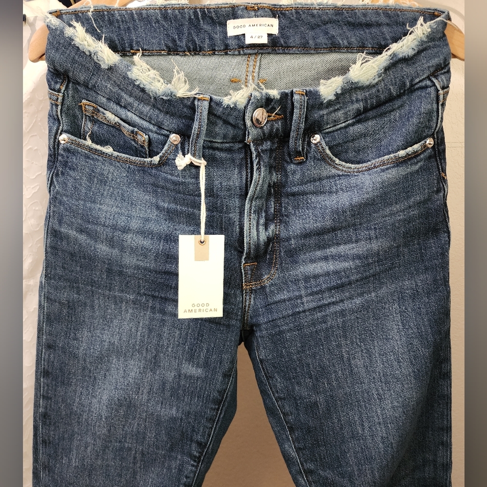 Good American Blue Skinny Jeans Classic Denim Frayed Worn Look Split Back Pocket - Picture 4 of 10